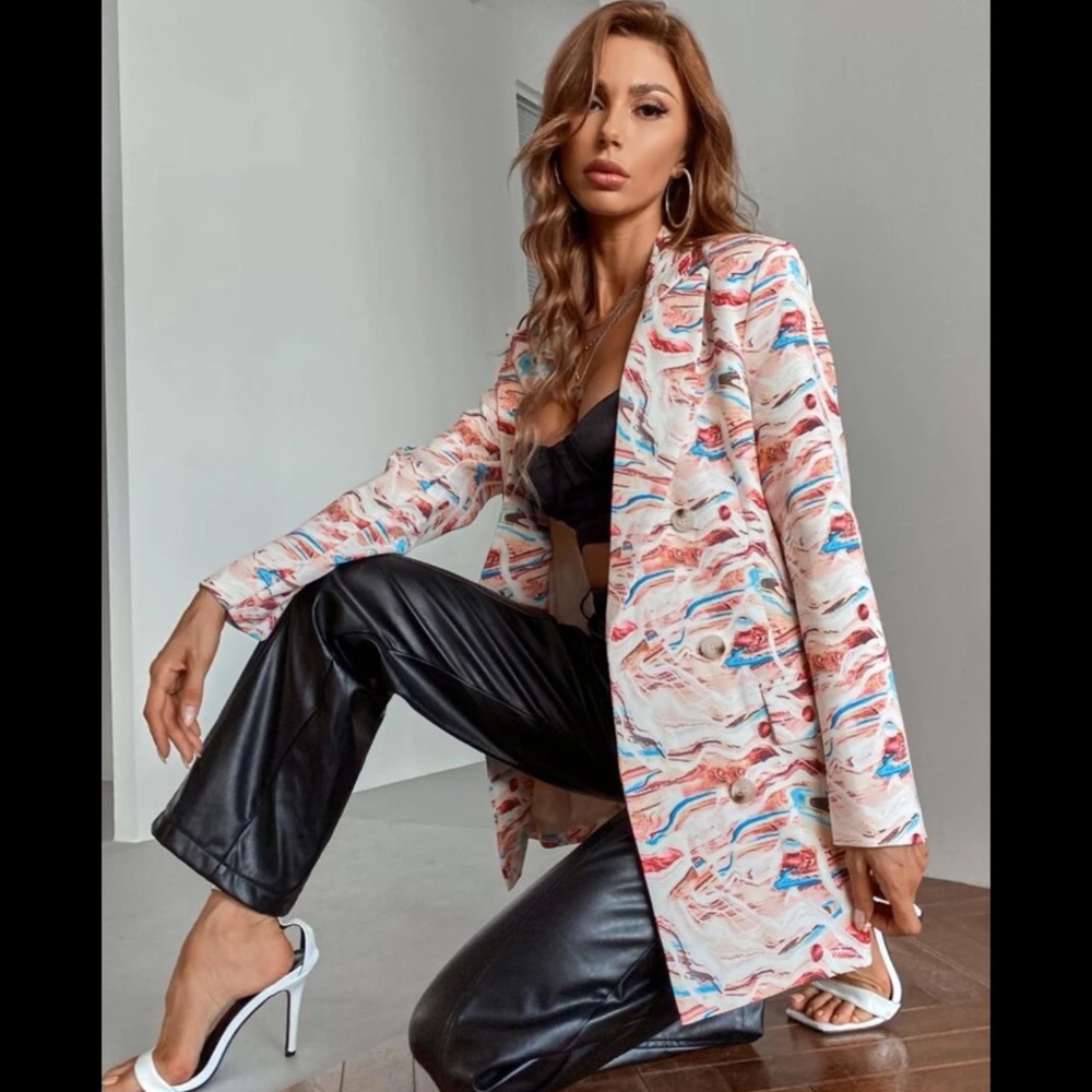 Pastel Marbled Print Double Button Blazer Oversized Small